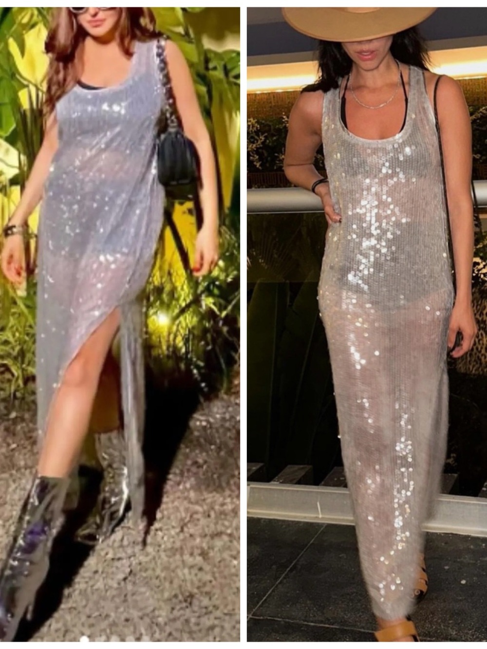 ZARA Silver Gray Sequin Maxi Tank Dress Side Slit Sheer Party Swim Cover S NEW!